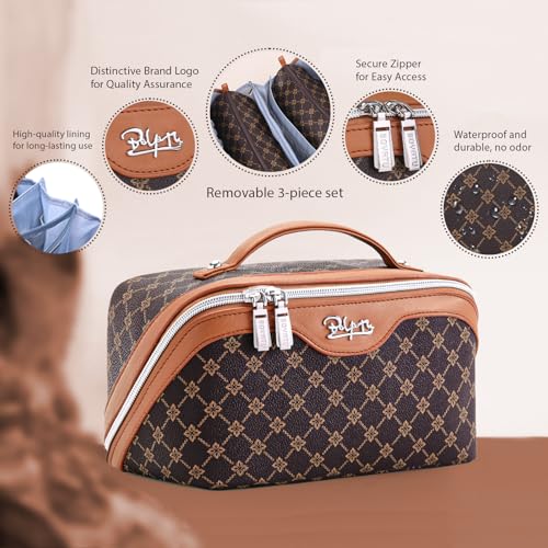 BOYATU Travel Makeup Bag Set - 3-Piece Cosmetic Organizer with Detachable Pouches, Vegan Leather, Large Capacity