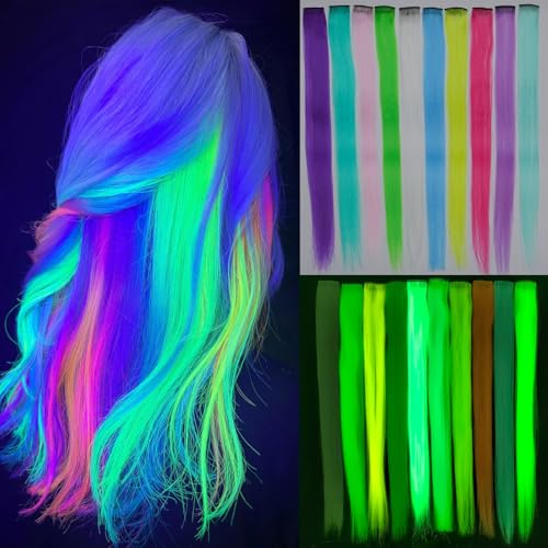 Glow in the Dark Clip-in Hair Extensions - 10 Colorful Pieces, 22 Inch