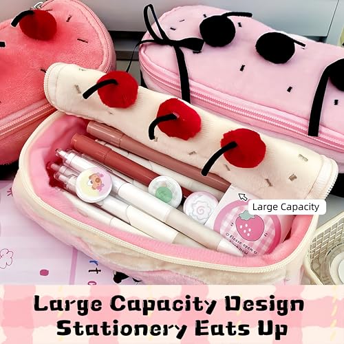 Corduroy Cherry Cake Pencil Case - Large Capacity Pouch, Black