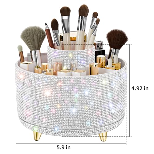 Bling Diamond Makeup Brush Holder - 360° Rotating Organizer in Diamond White