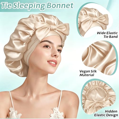 VECIIR Large Beige Silk Sleep Bonnet for Women with Adjustable Tie, Curly & Natural Hair Protection