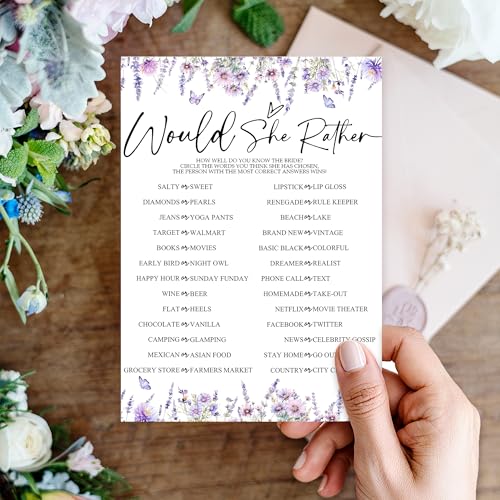 Lavender Bridal Shower Game Card Set - 50 Floral Activity Cards