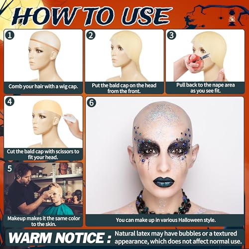 6-Piece Halloween Bald Cap Set - Latex Bald Caps & Nylon Wig Caps