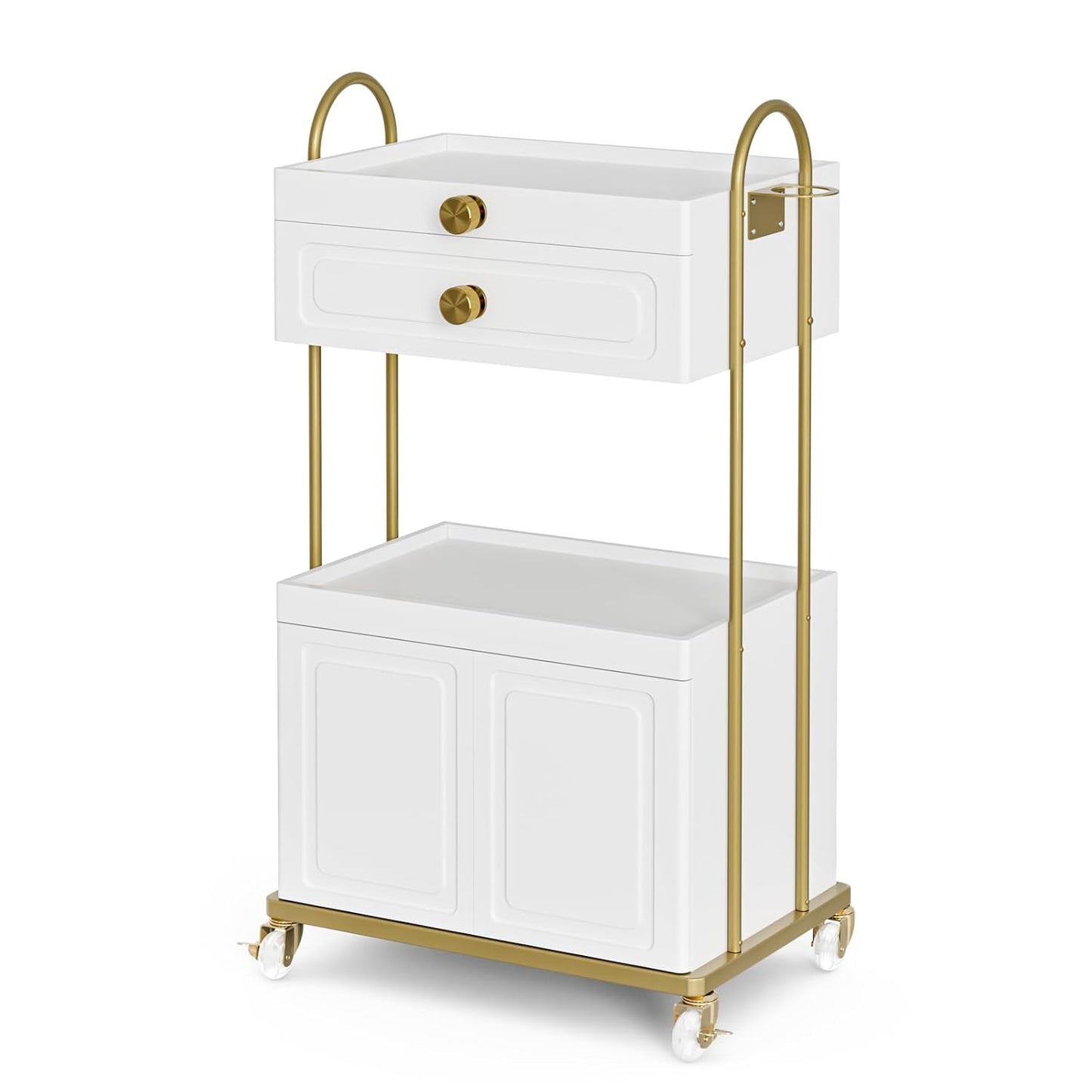 Salon Trolley Cart - Lockable Wheels & Storage Cabinet for Hair Stylists | White & Gold