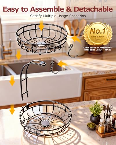 2 Tier Space-Saving Fruit Basket with Banana Hook for Kitchen