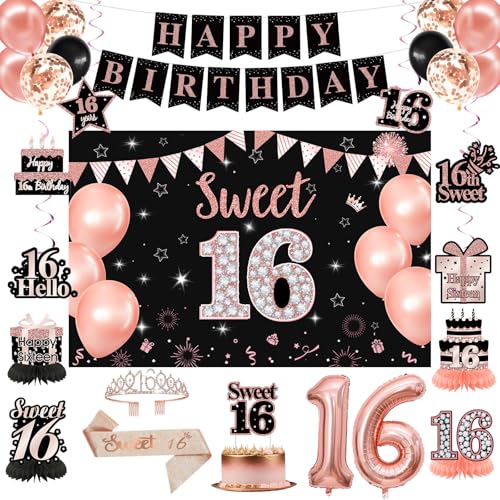 Rose Gold & Black Sweet 16 Party Decorations Kit