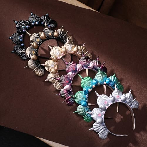Ocean-Inspired Black Gold Seashell Halo Crown with Pearl & Conch