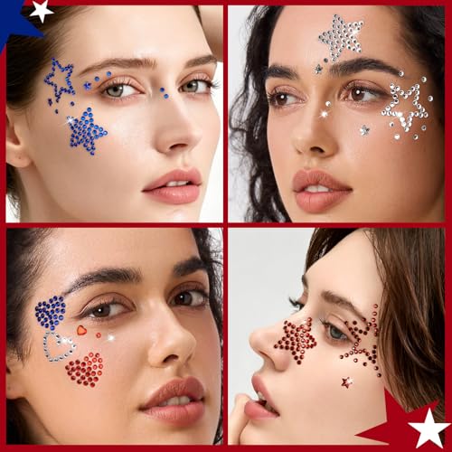 4th of July Face Gems - Red, White & Blue Star Rhinestone Stickers