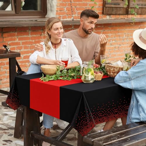 Disposable Black and Red Tablecloth Set - 2-in-1 Rectangular Party Cover (54x108")