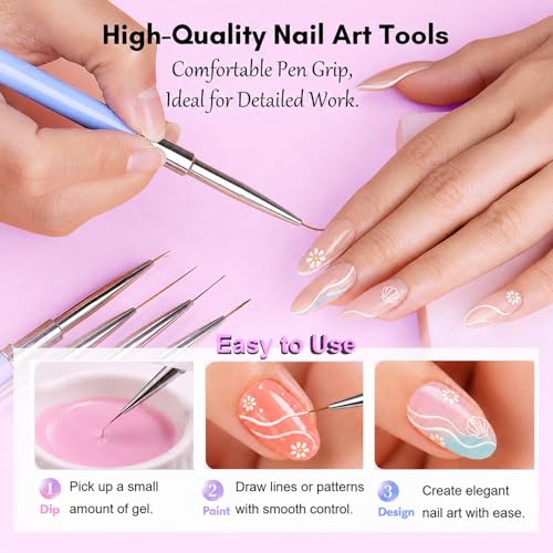 Makartt 5-Piece Nail Art Liner Brush Set with Caps for Gel Painting
