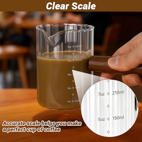 9 Oz Espresso Measuring Cup with Wood Handle - Glass Milk Frother