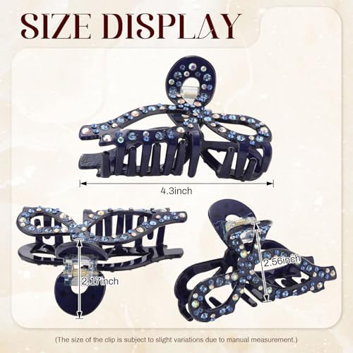 AWAYTR Navy Rhinestone Bow Claw Clip for Thick Hair, 4.3"