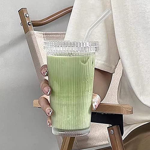 YAHUIPEIUS 12.5 oz Stripe Glass Tumbler with Lid & Straw
