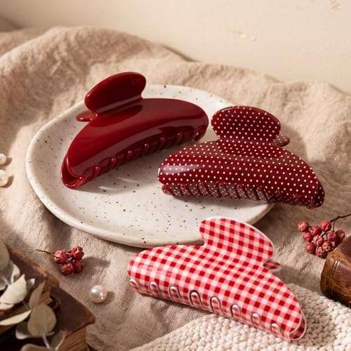 HairChrysm 4.2 Inch Red Acrylic Claw Clips - 3 Pack Large Hair Barrettes