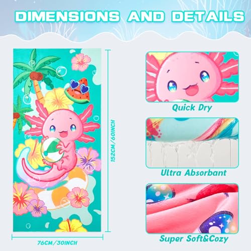 WERNNSAI Axolotl Kids Beach Towel - Quick Dry Microfiber 30"x60"