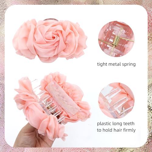 Large Chiffon Rose Flower Claw Clips - 4 Pack Pleated Hair Barrettes