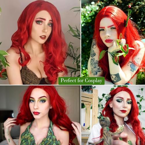 Bright Red Long Wavy Wig for Women - Heat Resistant Synthetic Hair