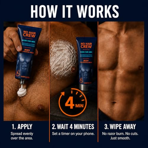 No Hair Crew Body At Home Hair Removal Cream for Manscaping Unwanted Hair with Energizing Ginseng, Premium Depilatory, Painless & Flawless, Made for Men, 200ml