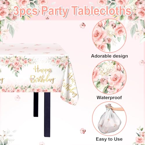 Rose Gold Floral Birthday Tablecloths - 3 Pack, 108 x 54 Inch