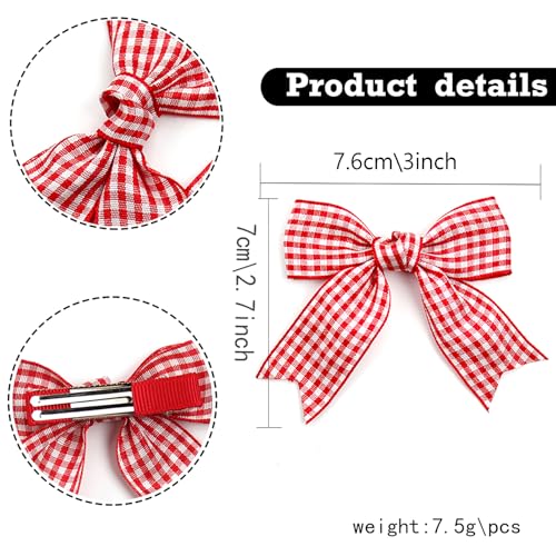 Handmade Red White Gingham Hair Bows - 2PCS Non-Slip Clips