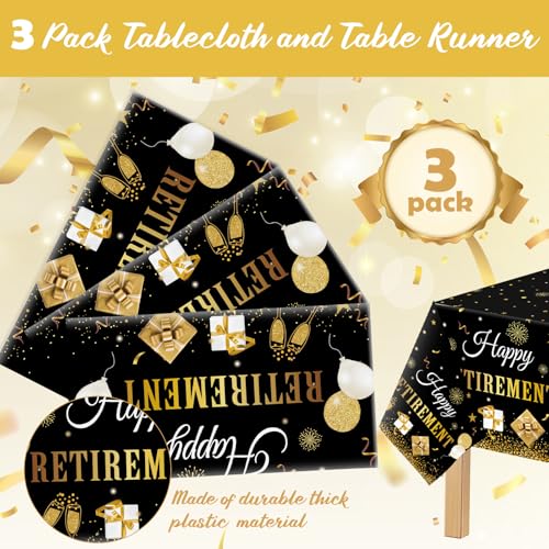 Ganeen Disposable Black Gold Retirement Tablecloths - 3 Pack, 54x108 Inch