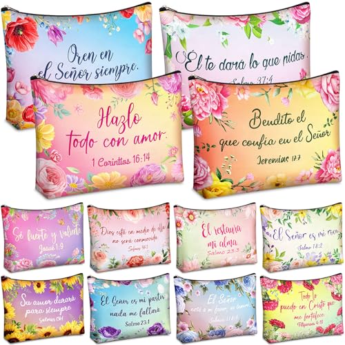 Kacctyen 12 Pcs Spanish Christian Cosmetic Bags - Bible Verse Makeup Pouches