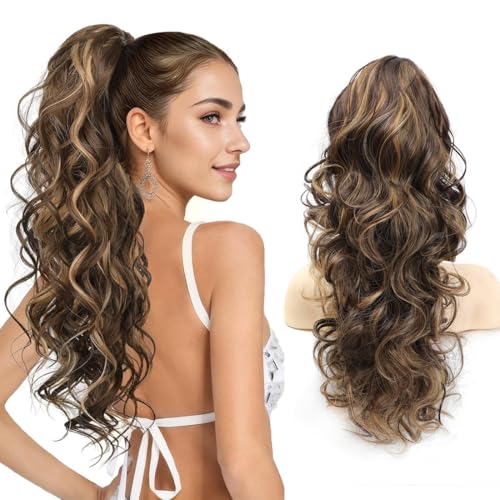 24 Inch Chestnut Brown with Golden Claw Clip Ponytail Extension - Long Curly Wavy Hairpiece