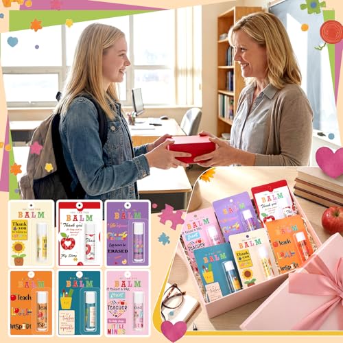 Leelosp 6-Pack Teacher Appreciation Lip Balm Gift Set with Inspirational Cards - Back to School Gifts