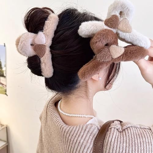 Rannyrena Heart Fuzzy Plush Hair Claw Clips Set of 5 for Women, Strong Grip & Non-slip