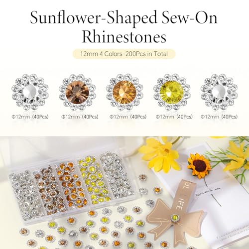 200 Pcs 12mm Flower Sew-On Rhinestones, Mixed Colors Glass Crystal Embellishments with Metal Base for Sewing & Crafts