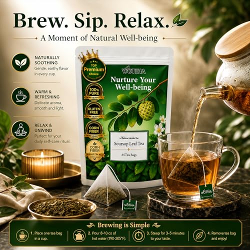 WOTIHA Premium Soursop Tea Bags - 100% Natural Graviola Leaves, 65 Count