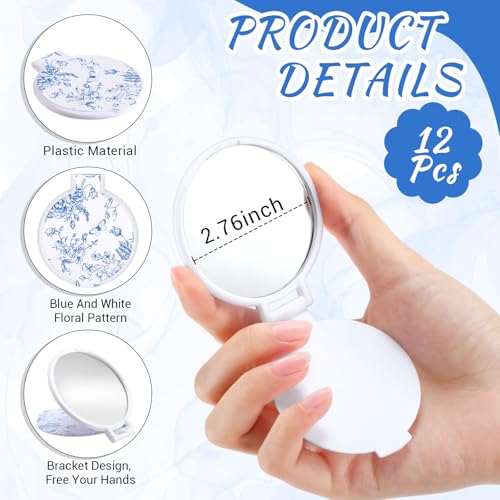 Blue Floral Mini Compact Mirrors Bulk 12 Pcs for Bridesmaid Gifts & Bridal Party