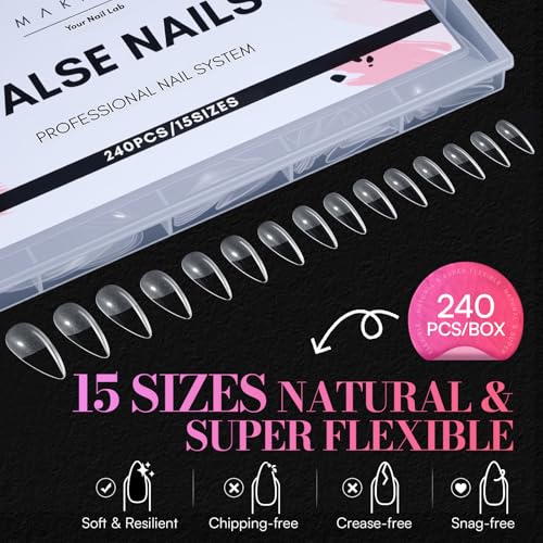 Makartt Long Medium Sharp Almond Nail Tips - Clear Full Cover Fake Nails, 15 Sizes, 240PCS