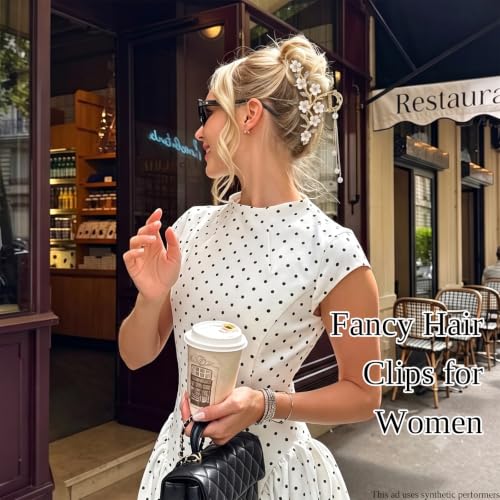 KICOSY 2 Pack Flower Claw Clips with Pearl Tassel - Gold Floral Hair Accessories for Women, White Variant