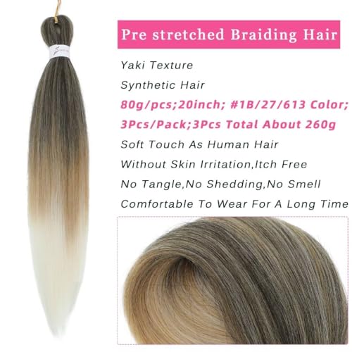 Msloosily 20-Inch Pre-Stretched Braiding Hair - 8 Packs, 1B/27/613 Ombre