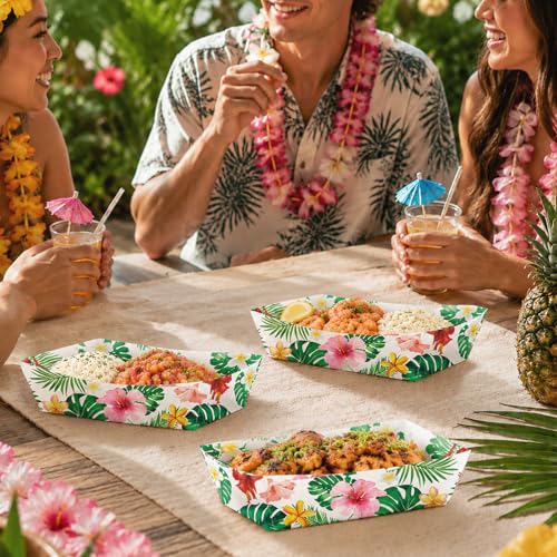 30 Pack Hawaiian Hibiscus Paper Food Trays - Tropical Party Supplies