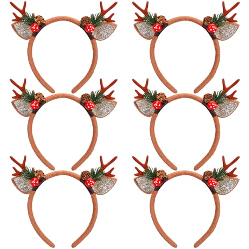 Crowye 6 Pcs Christmas Reindeer Antlers Headband - Mushroom Pine Branch