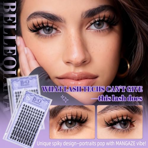 BelleQiana Manga Lash Clusters 120PCS - Spiky & Wispy Cat Eye DIY Eyelash Extensions - Model Mangaze 01