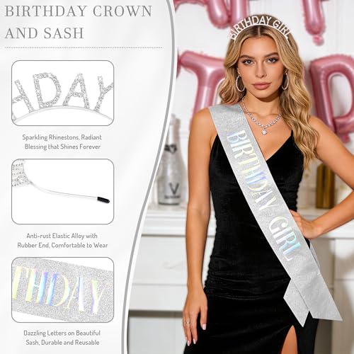TAROSE Silver Birthday Tiara and Sash Set for Women