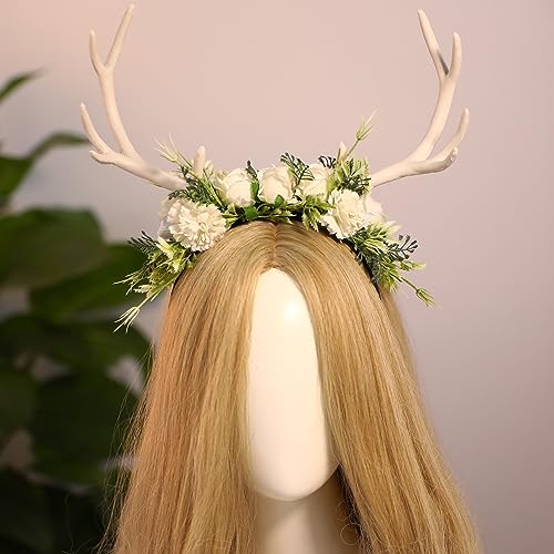 MOSTORY Handmade White Chrysanthemum Flower Antler Headpiece