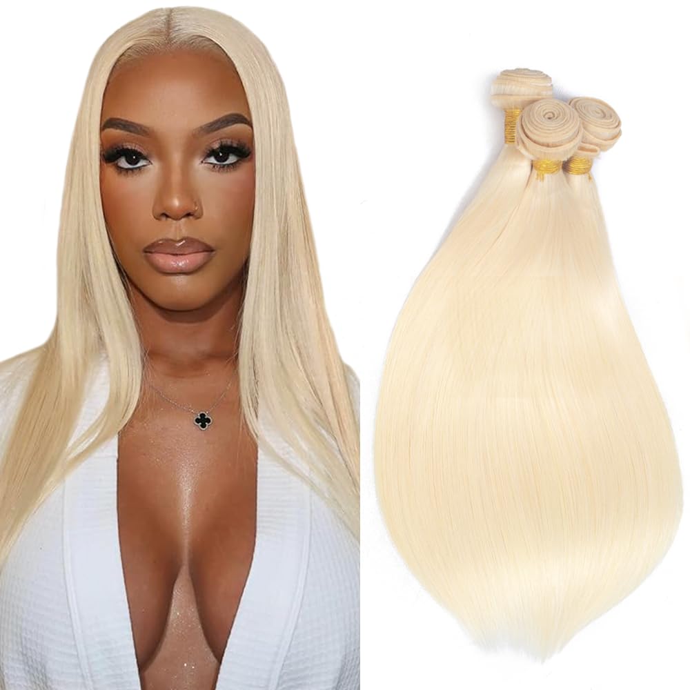 Auokmar 613 Bundles Human Hair 613 Blonde Straight Bundles 26 26 26 inch Double Weft 3 Bundle Blonde Human Hair Bundle 300g