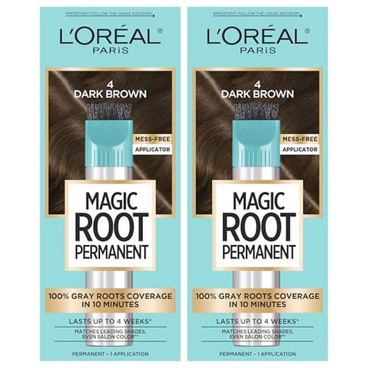 L'Oreal Paris Magic Root Permanent Hair Color Kit, 100% Gray Hair Coverage In Just 10 Minutes, Precision Brush Applicator for Seamless Application, 4 Dark Brown (2 Count)