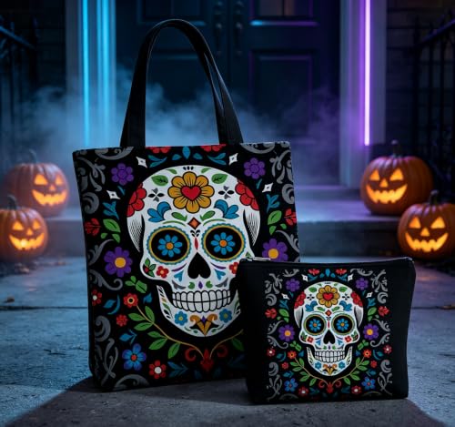 GRITOSE 2pcs Halloween Canvas Tote & Makeup Bag Set - Style25 Skull Print