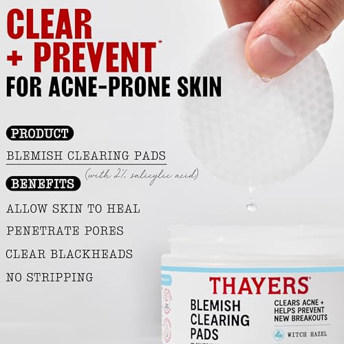 Thayers Blemish Clearing Acne Pads, Salicylic Acid Acne Treatment for Face, Pore Reducing, Exfoliating, and Soothing Skincare, Witch Hazel Toner Pads, 60 Ct