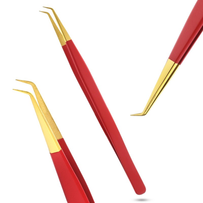 Isolation Tweezers for Eyelash Extension – 14cm Curved, Matte Red with Gold Tip, Stainless Steel, Best for Individual Isolation & Classic Lashes, Pinzas para Pestaña (Matte Red Gold Tip)