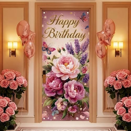 Elegant Pink Peony Birthday Door Banner - Floral Decor for Milestones