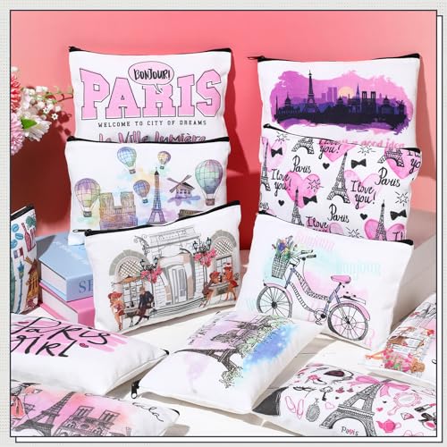 Reginary 12-Pack Paris Souvenir Makeup Bags for Women, Zippered Cosmetic Pouches