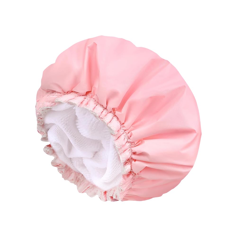 ccHuDE Pink Reusable Shower Cap Waterproof Bathing Bonnet Double Layer Hair Cap Adjustable Showering Cap Bath Hair Hat with Elastic Band for Women Girls