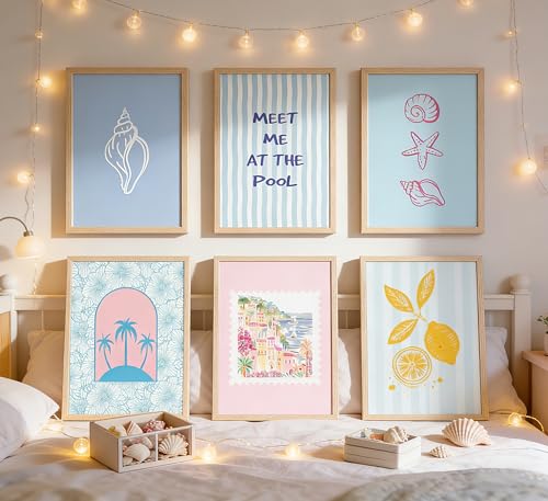 Coastal Wall Art Set - 6 Pcs Pink Blue Seashell Canvas Prints, 8x10