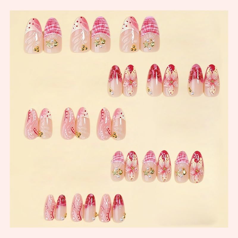 French Tip Press-On Nails - 30pcs Medium Almond Acrylic with 3D Flower & Pearl Design | Reusable Summer Nail Art